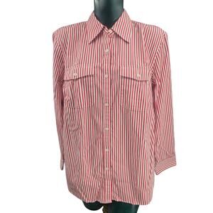 Lauren Ralph Lauren Striped Easy Care Cotton Shirt Red & White Women's 1X 3960